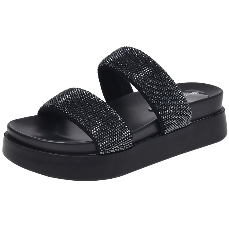 Dép sandal nữ quai ngang đế xuồng platform đính đá — Màu đen