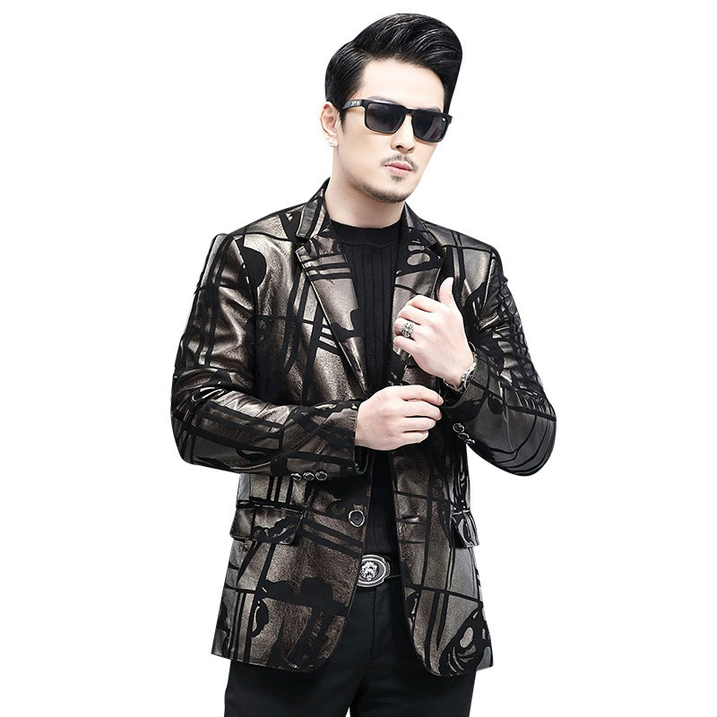 Мужской пиджак из натуральной кожи, slim fit, чёрный принт