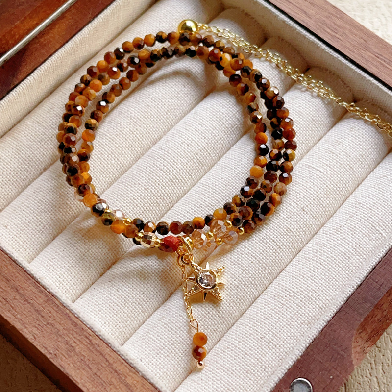 Xiaohongshu’S Popular Natural Tiger Eye Stone Bracelet, Large Particle Three-Circle Good Luck Stacked Bracelet, Crystal Bracelet