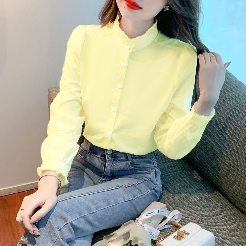 French-Style Women's Shirt, Slimming and Versatile, with Ruffled Lace, Stand-Up Collar, Long Sleeves, Trendy, Elegant, and Preppy Style