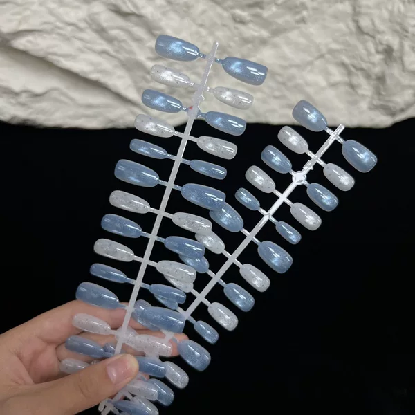 Ice Blue Bubble 30-Piece Handmade Wearable Nails, Purely Handmade with Glass Beads and Cat Eye Effect, New Pre-made Manicure Wearable Nails, Bestseller