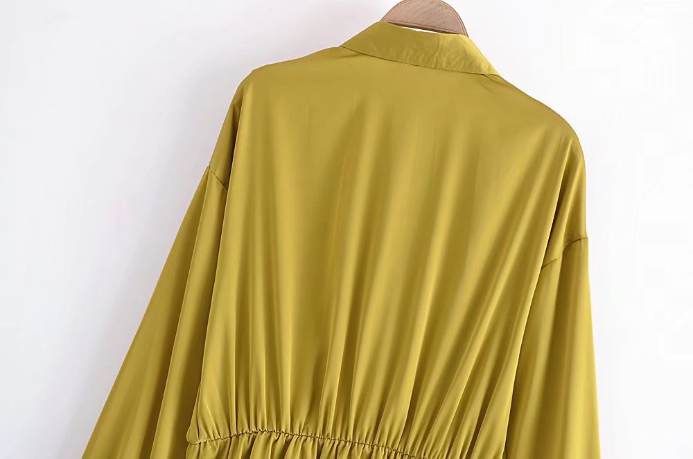 Yellow Lantern Sleeved Satin Elastic Shirt Dress NSXFL106614