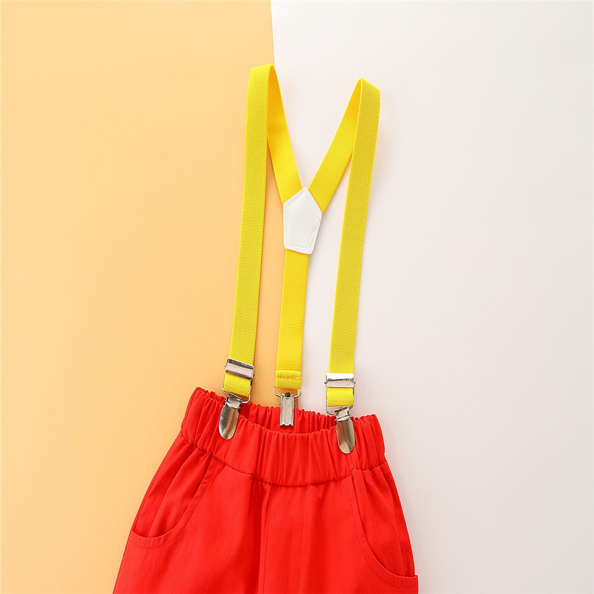 Terno infantil moderno, cor contrastante, camisa preta + macacão, calça vermelha, conjunto de 3 peças_voghion.com