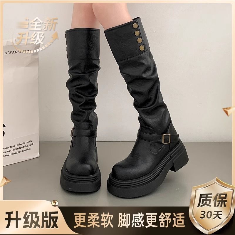 黑色复古英伦秋季厚底长筒靴女2025新款增高显瘦高筒两穿骑士靴子|undefined