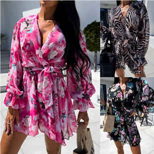 AliExpress Amazon European and American 2024 Autumn New Women's Fashion Long Sleeve V-Neck Printed Lace-Up Pants for Women