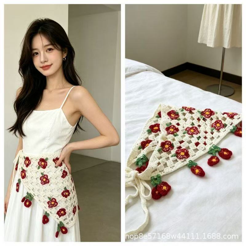 Floral Sweet Flower Hollow Knit Triangle Scarf for Women, Countryside Style Cute Artistic Headscarf