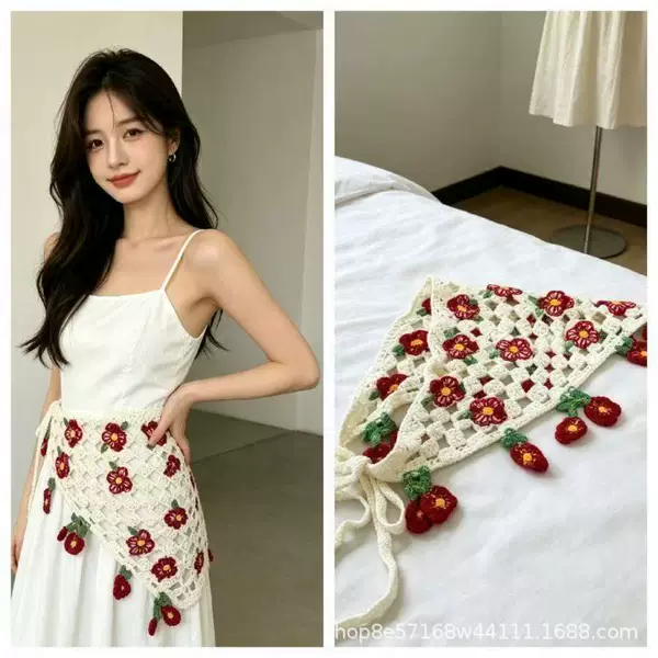 Floral Sweet Flower Hollow Knit Triangle Scarf for Women, Countryside Style Cute Artistic Headscarf