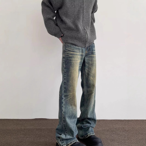 High Street Washed Distressed Men's American Retro Cleanfit Flared Pants Trendy Straight Leg Slimming Long Pants