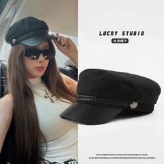 韩版复古时尚海军帽女秋冬季潮酷网红毛呢皮绳平顶帽子防风保暖帽