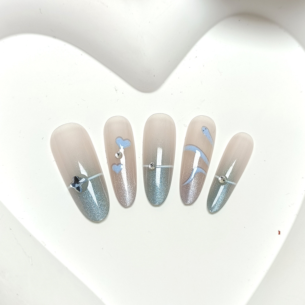 Coolsa delicado ojo de gato para usar uñas azules en polvo de color gradiente de serpiente oval 10 piezas de uñas falsas largas.