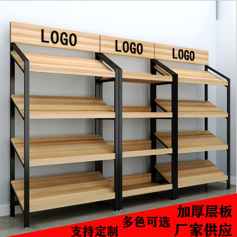 超市斜面货架便利店零食样品展示架化妆品红酒架水果陈列钢木货架