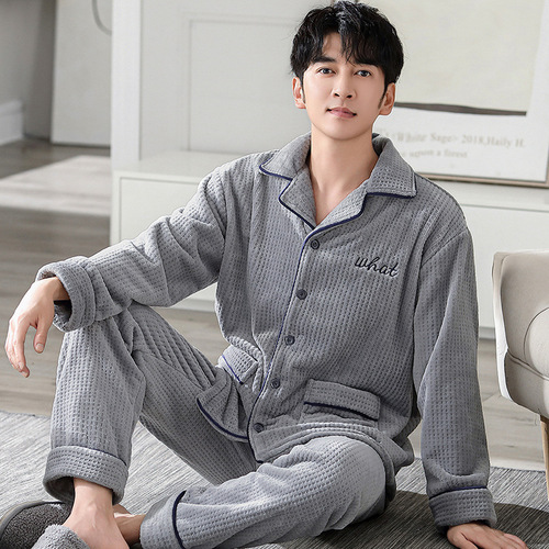 New Men's Winter Milk Fleece Long-Sleeve Thickened Large Size Simple Men's Pajama Home Suit Set