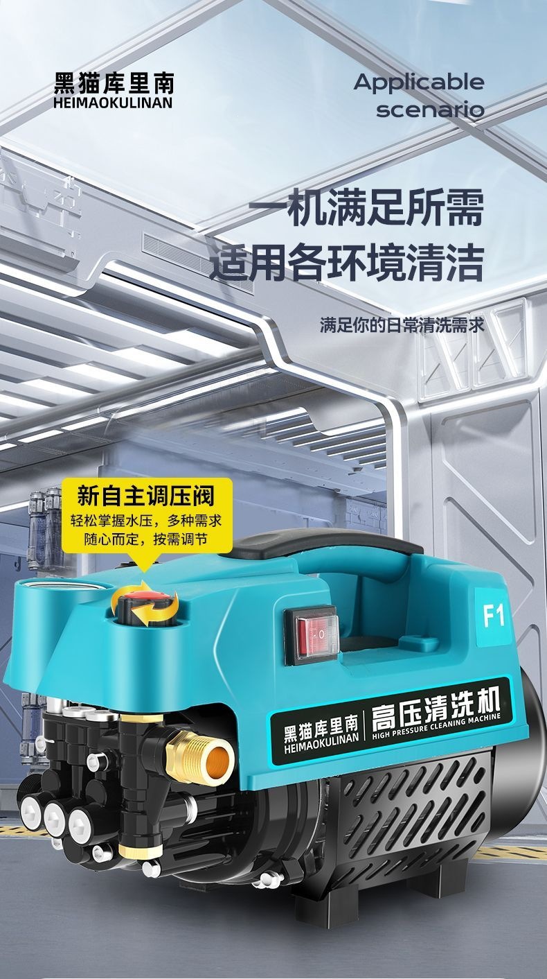Black Cat Pressure Car Washer with Copper Core, Plug-In Large Motor, Adjustable Pressure, Household 220V Portable High-Pressure Washer