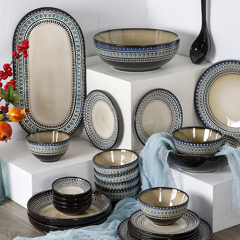 OMK European-style embossed ceramic plate bowl set housewarming gift high-end household tableware activities gift wholesale