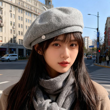 秋冬新款羊毛呢帽子女大头围显脸小贝雷帽秋冬日系文艺复古画家帽