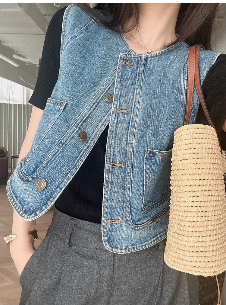 Áo vest denim nữ ngắn tay rộng rãi phong cách thời trang xuân hè — Xanh denim chi tiết 3