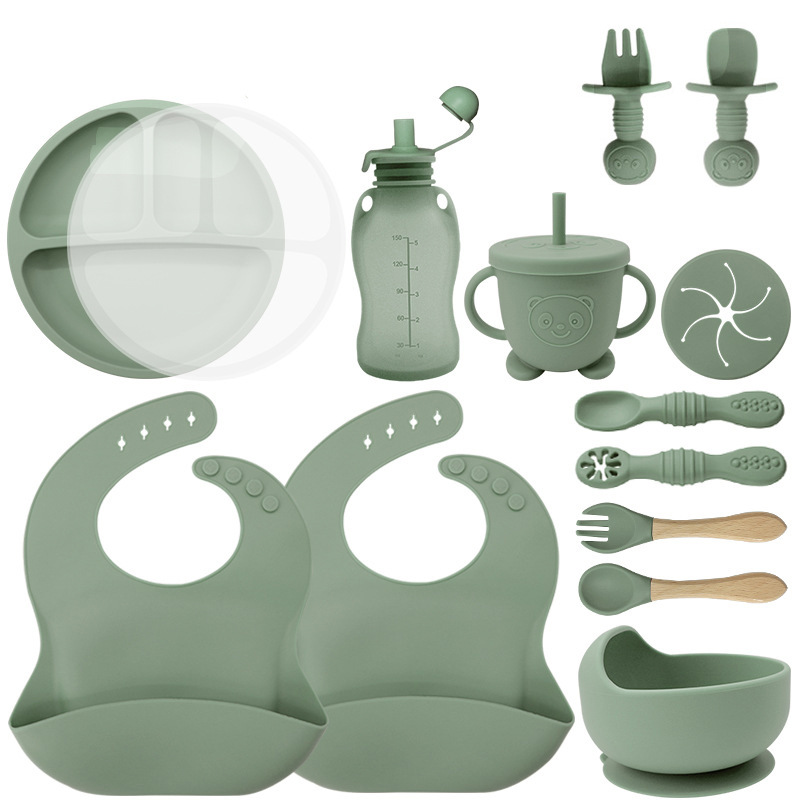 Juego de vajilla para niños, productos para bebés, tazón de silicona, tenedor, cuchara, tazón de comida para bebés, plato, vajilla de silicona de grado alimenticio