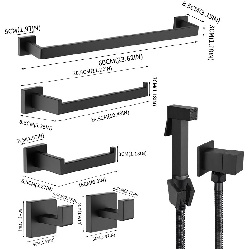Cross-Border Popular Stainless Steel Bathroom Storage Rack Five-Piece Set Towel and Tissue Holder Hook Square Storage Rack Set