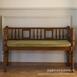 法式中古风实木沙发复古做旧换鞋凳小户型海棠花玻璃长椅床尾凳