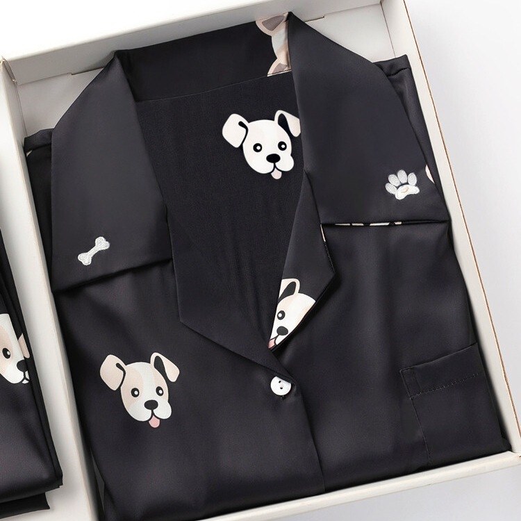 Gp Madam Silk Pajamas for Men and Women, Long-Sleeved Silk Sleepwear for Spring and Autumn, Couple's Matching Silk Dog-Themed Loungewear for Summer
