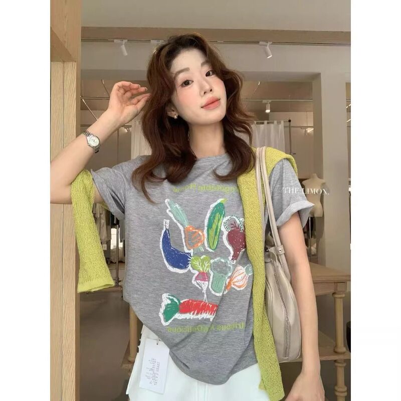 Korean-Style Gray Printed Short-Sleeve T-Shirt for Women, Summer Design, Loose Fit, Thin and Slimming, Fashionable Half-Sleeve Top