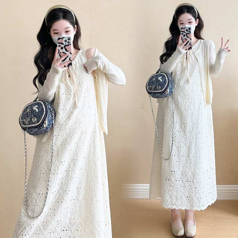 2026 Spring New Maternity Dress Lace Loose Sleeveless Vest Dress + Knitted Cardigan Cloud Set