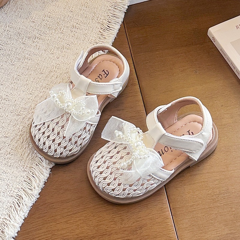 Mother & Kids Girls Lace Bow Knot Woven Hollow Out Sandals Summer Pearl Princess Beach Shoes Stylish Clogs For Formal & Casual For Women_voghion.com