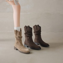 谷韵丨中筒靴子女夏季2025新款西部牛仔高跟短靴新疆旅游堆堆靴女