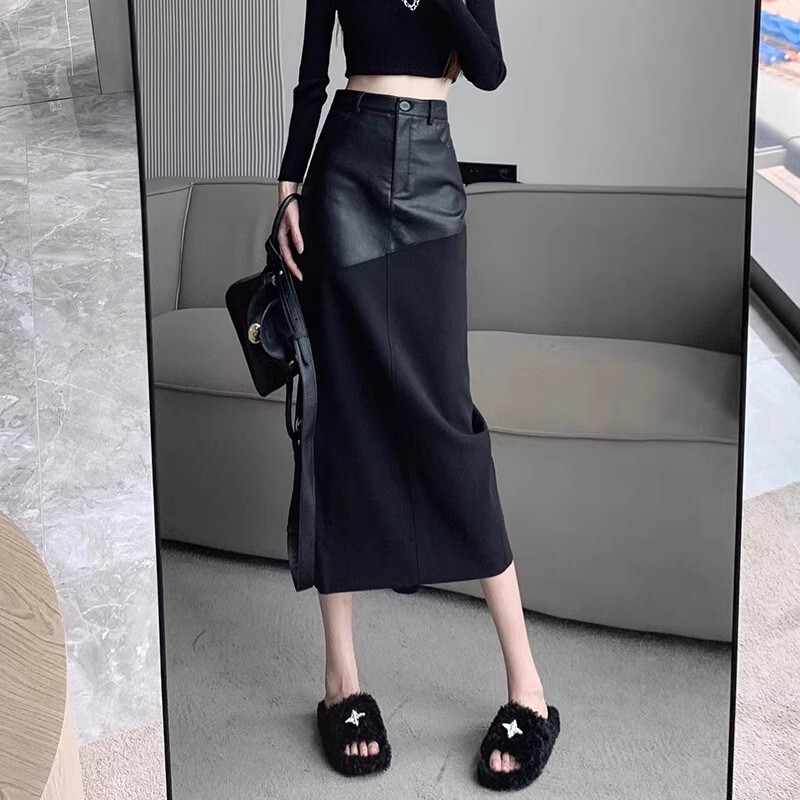 Black Pu Leather Splicing High-Waisted Skirt for Women in Autum, Small Slit, Slimming Look Hip-Hugging Skirt, Mid-Length A-Line Skirt Black Pu Leather Splicing High-Waisted Skirt for Women in Autum, Small Slit, Slimming Look Hip-Hugging Skirt, Mid-Length A-Line Skirt