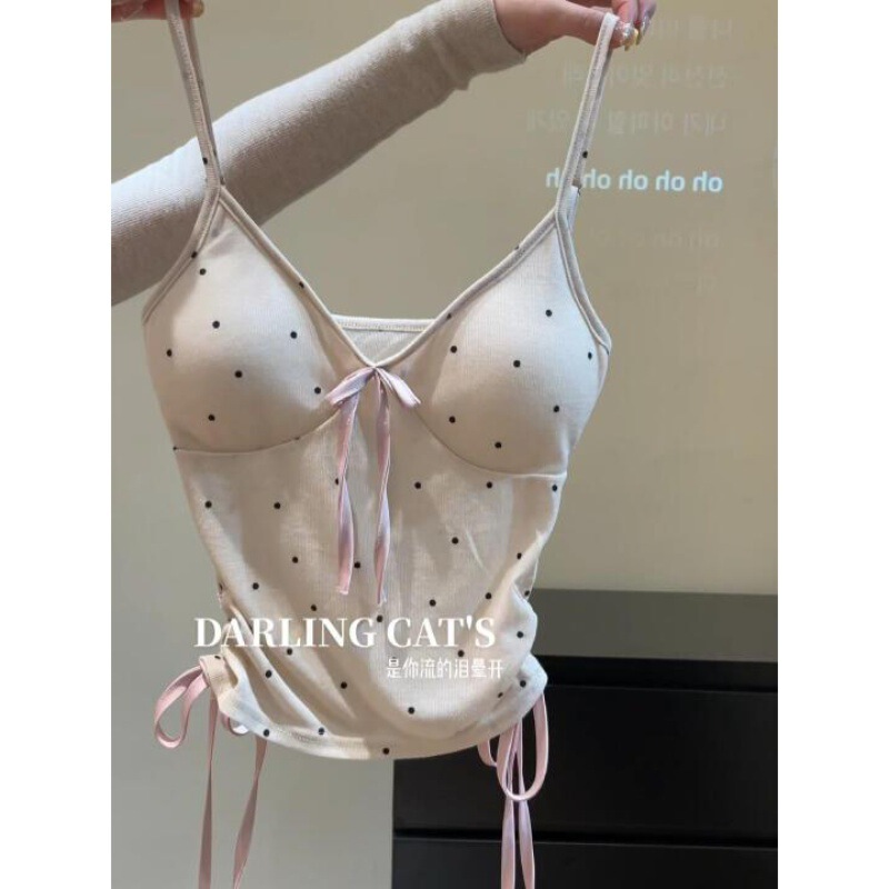 Pure Desire Style Wave Dot Bow Camisole Women's Summer New Hot Girl Pleated Strap Slimming Short Top Clothes