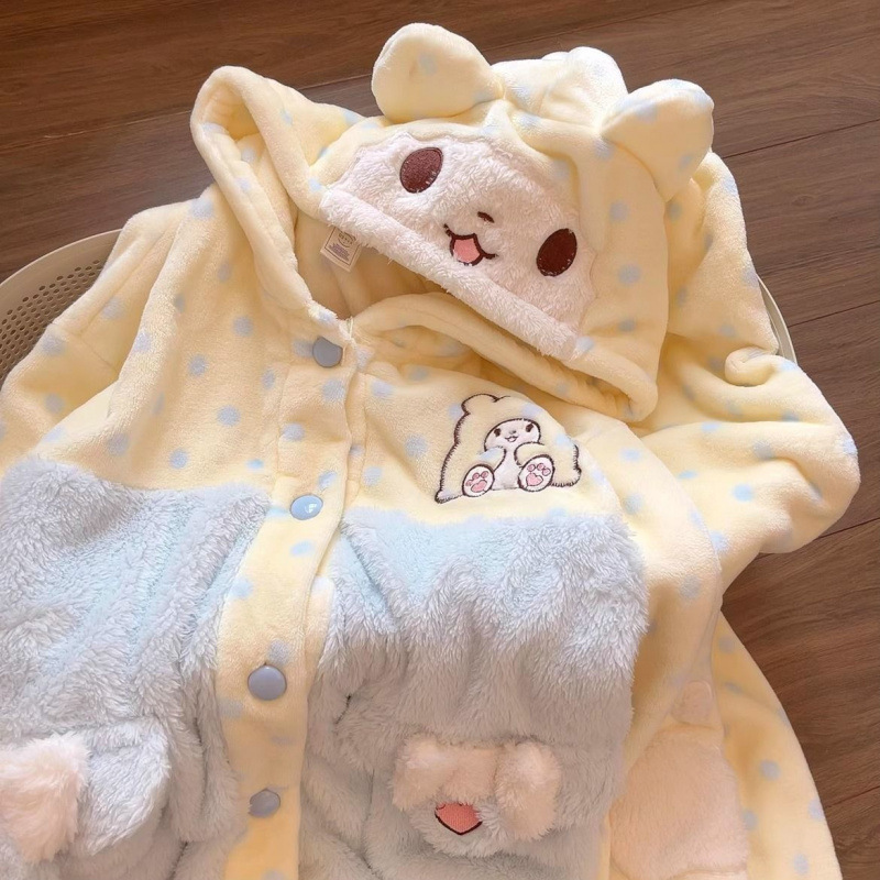 담요 곰 겨울 새로운 후드 플란넬 두꺼운 따뜻한 귀여운 소녀 부드러운 소녀 산호 양털 잠옷 홈 옷