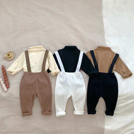 2024新款婴幼儿童背带裤套装宝宝休闲纯色长袖上衣吊带裤子两件套