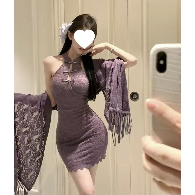 纯欲风辣妹套装女2025春秋新款新中式蕾丝披肩显瘦连衣裙两件套女|undefined
