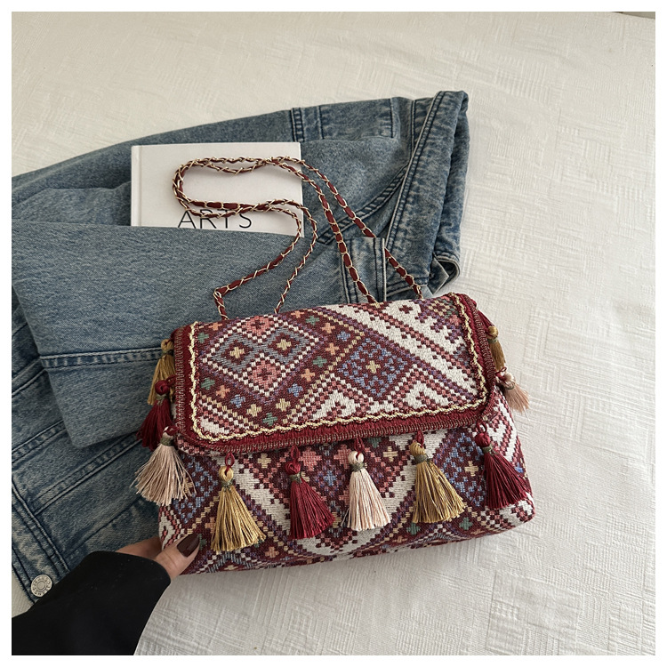 336g Weight Flip Cover Closure Type Single Shoulder Strap Strap Type Shoulder Bag Bags Type Casual, Holiday Occasion Cloth Material Geometric Pattern All Seasons Season Women's Gender Elegant, Ethnic Style Style Square Shape Women's Cloth Geometric Elegant Ethnic Style Square Flip Cover Shoulder Bag 1