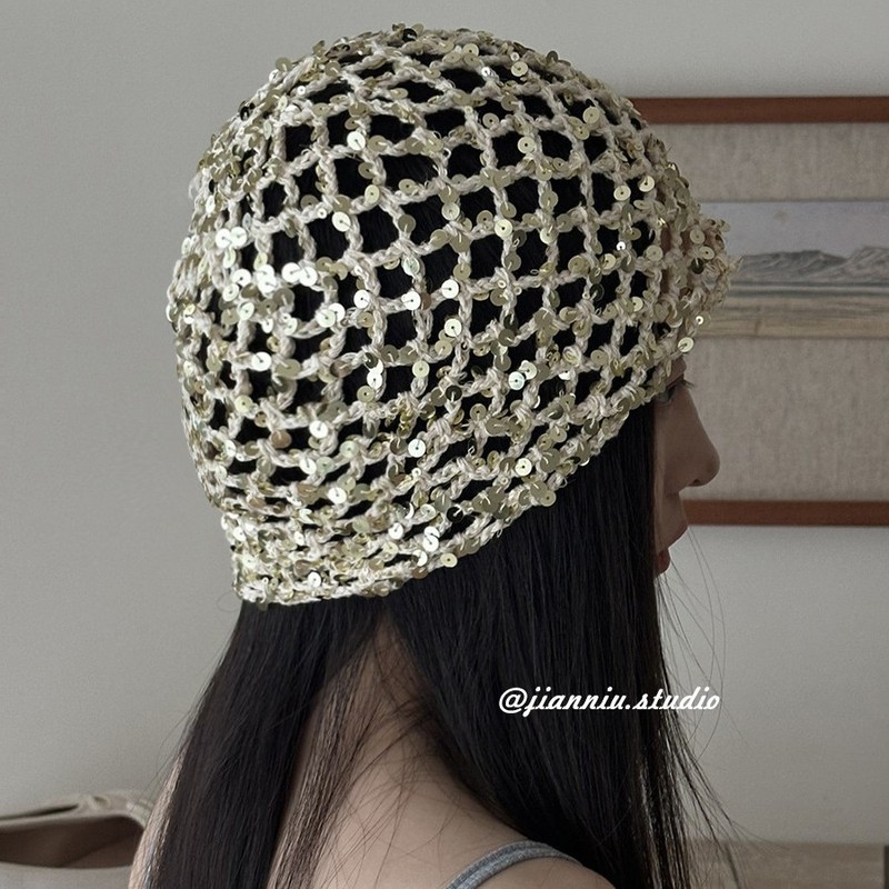 Trendy Sequin Bucket Hat for Women 2023 Summer New Fashion Woven Hollow-Out Turban Hat Makes Face Look Smaller Slouchy Beanie