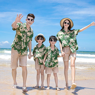 New summer wear beach travel parent-child wear a three-mouth four-mouth fashion shirt + shorts parent-child couple suit