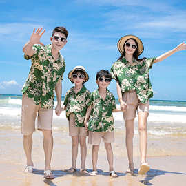 新款夏装沙滩旅行亲子装一家三口四口潮流衬衫+短裤亲子情侣套装