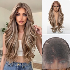 ウィッグレース13*6大面積ミディアム分けミックスゴールドロングカーリーヘアインターネットセレブ黒人日本シルクフルヘッドカバートップ