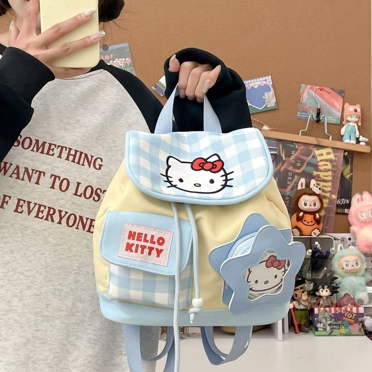 kt格子凯蒂卡通学院可爱书包新款迷你双肩包抽绳手提包背包少女