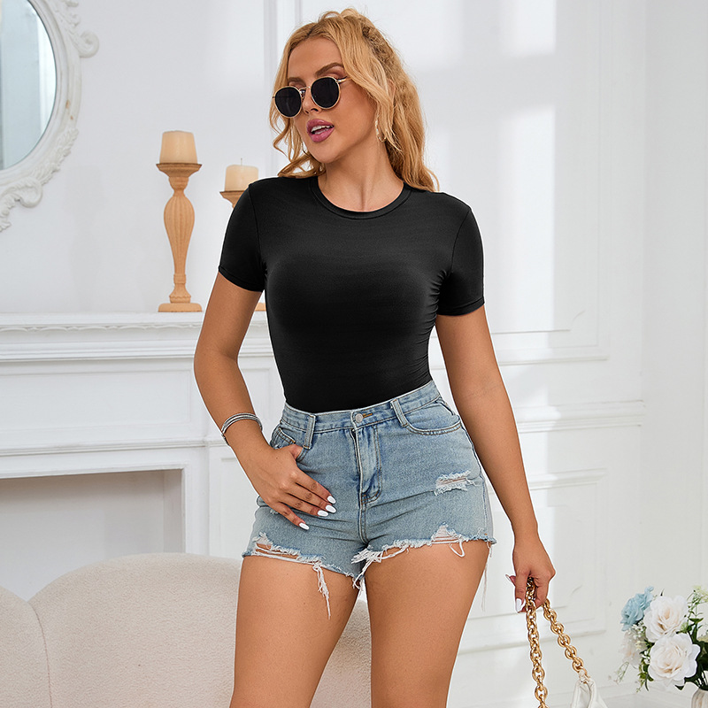 Ventas transfronterizas europeas y americanas chaqueta de mujer de verano de cuello redondo básico de moda delgada de manga corta sin desprender camiseta