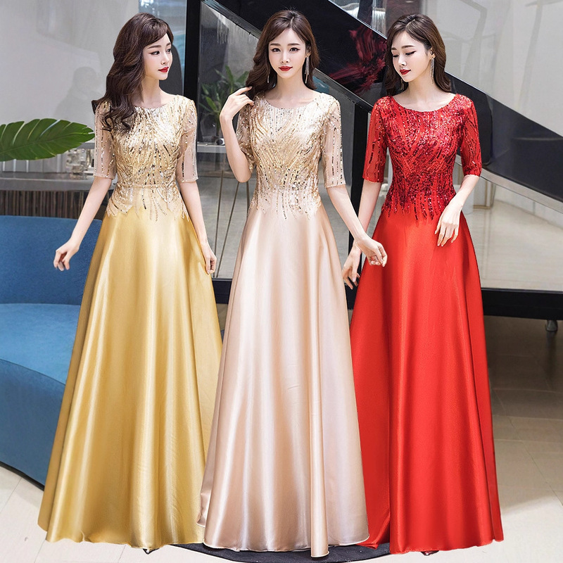 Golden Long Dress for Women 2026 Summer New Style Choir Performance Dress Annual Meeting Host Evening Gown Long Style