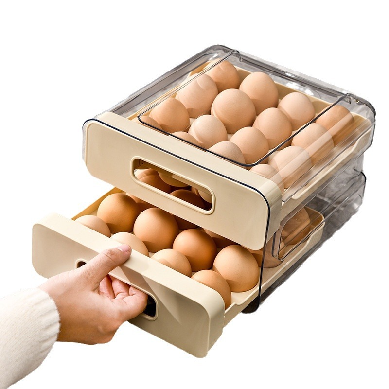 Caja de almacenamiento de huevos con cajón de doble capa para cocina, estante para huevos a prueba de caídas de grado alimenticio transparente especial para refrigerador doméstico