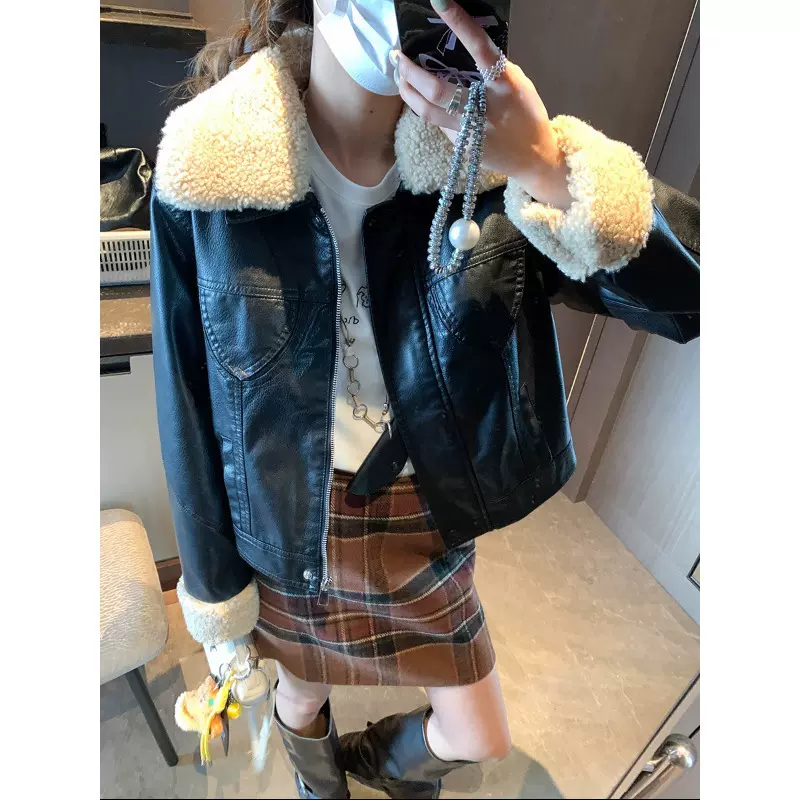 摩且 中古巴恩风 可拆卸翻领PU皮仿皮毛一体短款皮衣外套 MQ0930