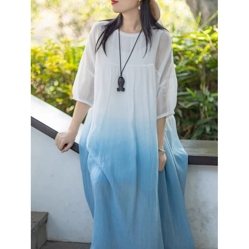 Женское летнее художественное свободное платье первого класса большого размера, платье с градиентом, легкая юбка из рами с большим подолом