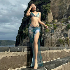 2024 New European and American Style Sexy Three-Piece Bikini Set with High Slit Gauze Skirt and Gradient Tie Design—Wholesale from Manufacturer