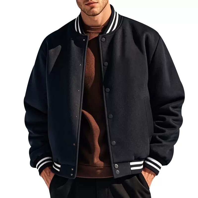 Foreign Trade Autumn and Winter Fleece American Retro Solid Color Casual Stand Collar Buttoned Men's Baseball Jacket Flight Jacket Trendy