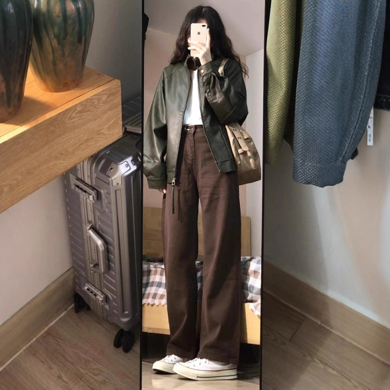 Brown Wide-Leg Jeans for Women, Spring and Summer High-Waisted Loose Slim-Fit Narrow Straight-Leg Jeans for Women, Brown Pants for Women Brown Wide-Leg Jeans for Women, Spring and Summer High-Waisted Loose Slim-Fit Narrow Straight-Leg Jeans for Women, Brown Pants for Women