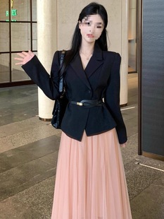 Salt-Style Mature Goddess Temperament New Workplace Black Jacket and Tulle Skirt Two-Piece Set for Spring and Autumn