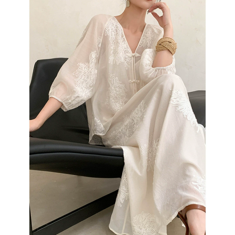 Белый новый китайский костюм из двух частей женский 2025 новый национальный стиль вышитый топ юбка из двух частей