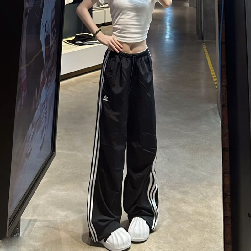 Outlet Clearance Outdoor Sports Adidas Women's Wide-Leg Pants Casual Striped Trefoil Stripe Loose Straight-Leg Spring and Autumn Sweatpants